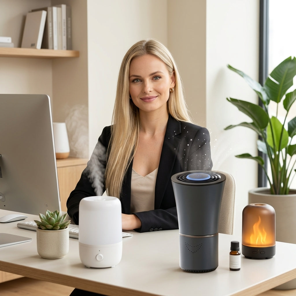 Jenna showcasing The Clean Air Workspace bundle - air purifier, humidifier, and diffusers