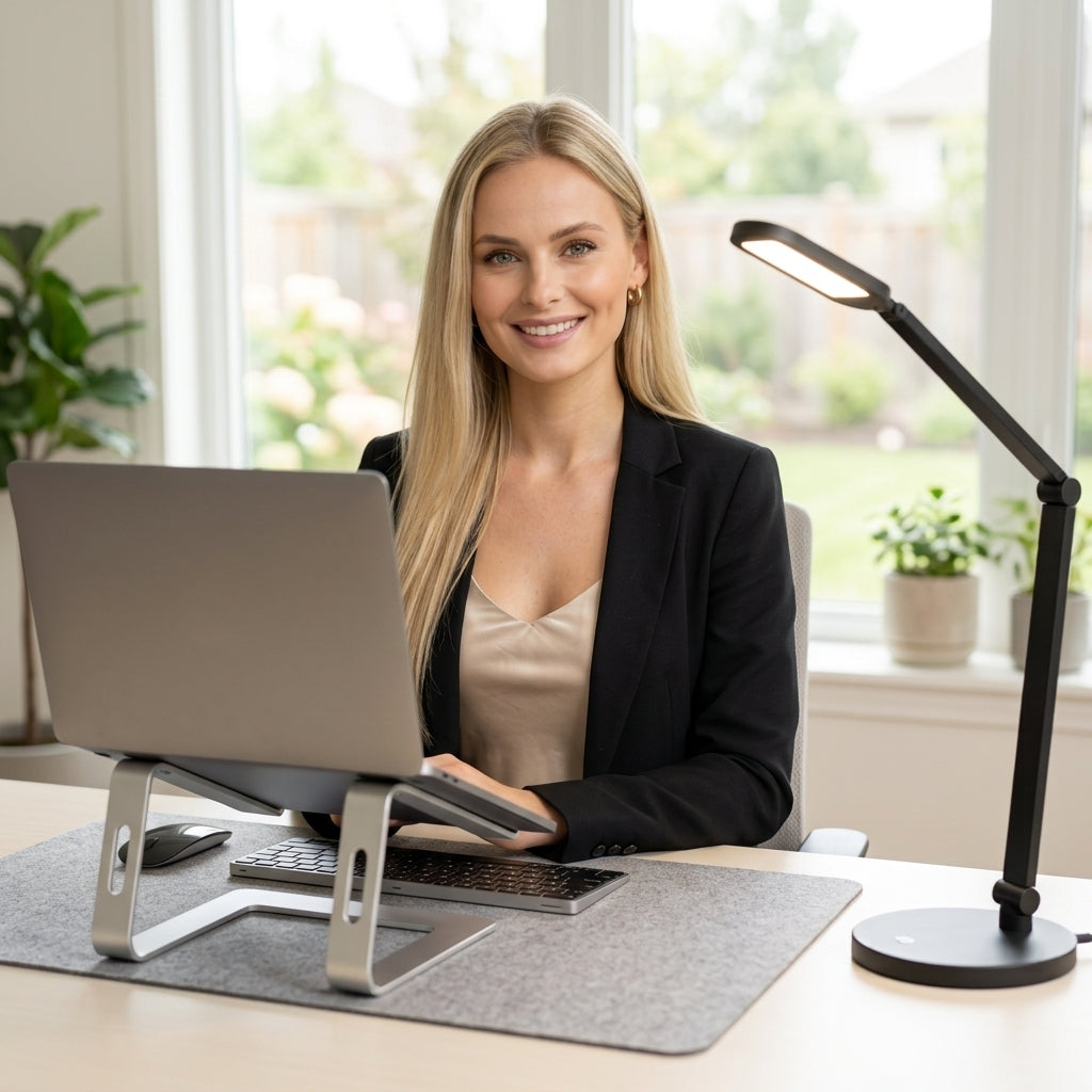 Jenna showcasing The Posture Rescue bundle - laptop stand, keyboard, desk pad, and smart lamp