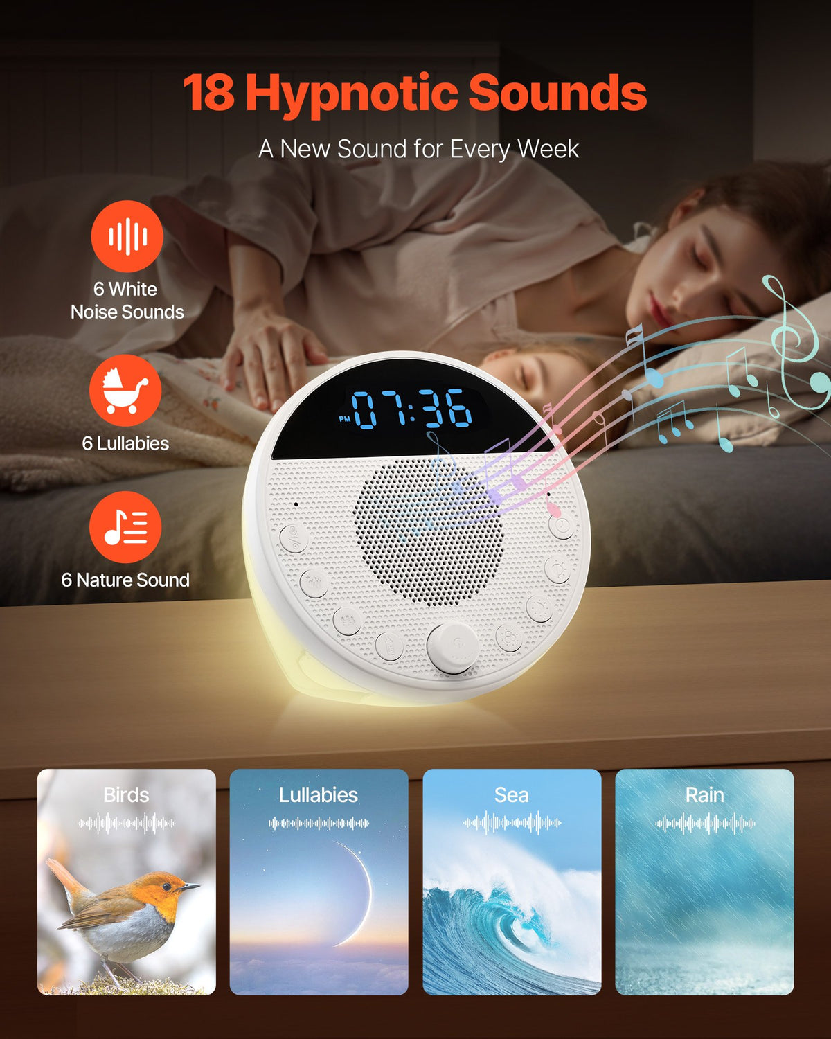 Sleep sound machine -- 18 sounds, 7-colour night light