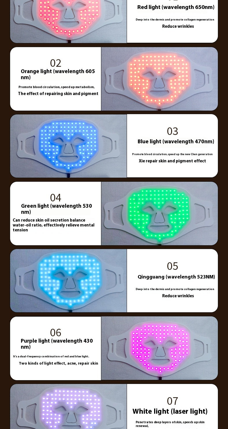 7 therapeutic LED light modes - red, orange, blue, green, cyan, purple, white