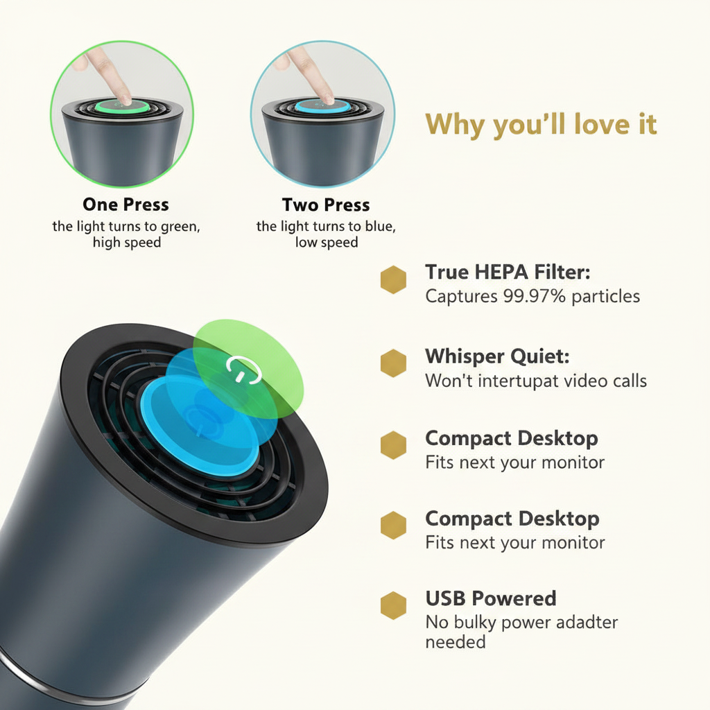 Desktop air purifier -- True HEPA, whisper quiet - BeeDazzler infographic