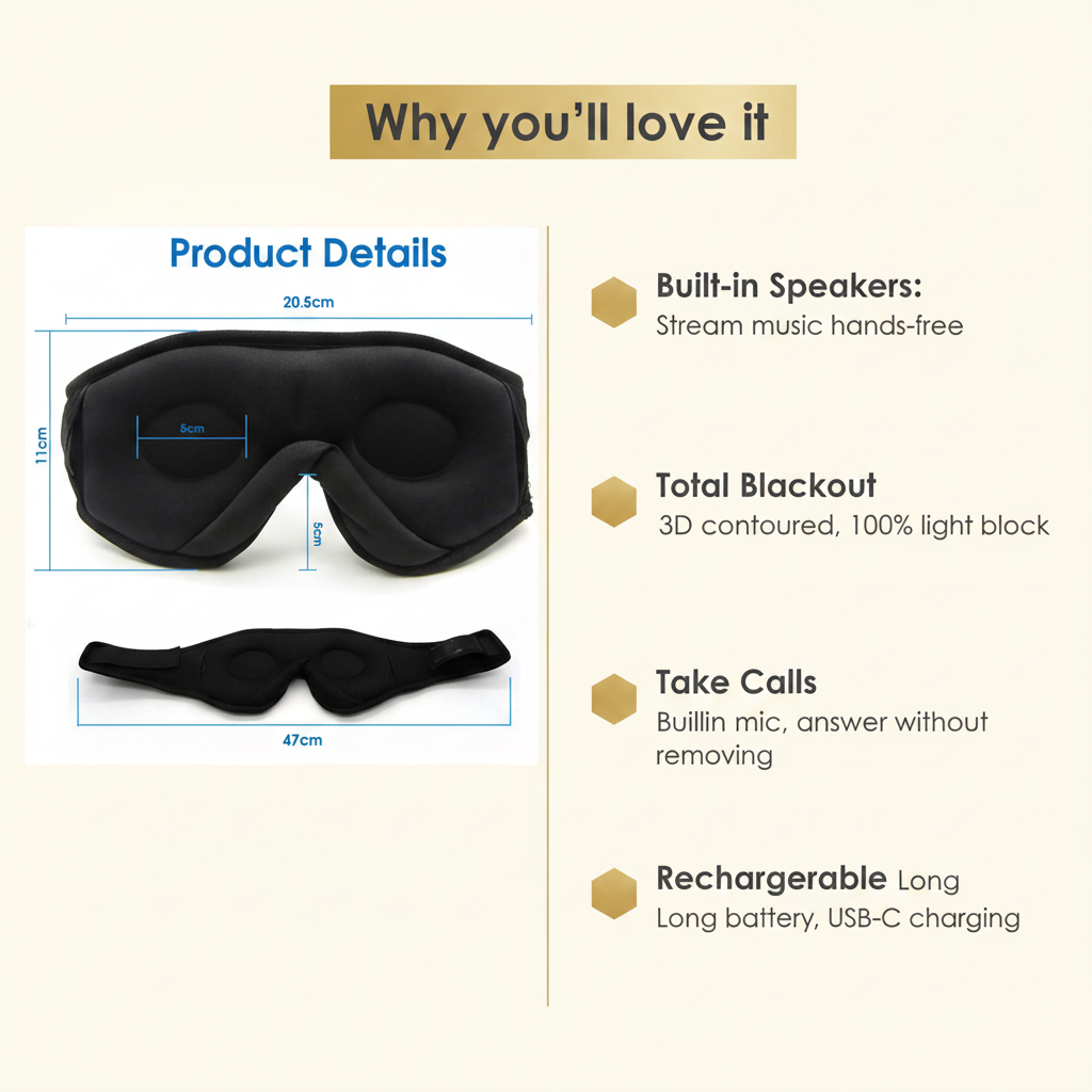Bluetooth sleep mask -- Music, calls, total blacko - BeeDazzler infographic