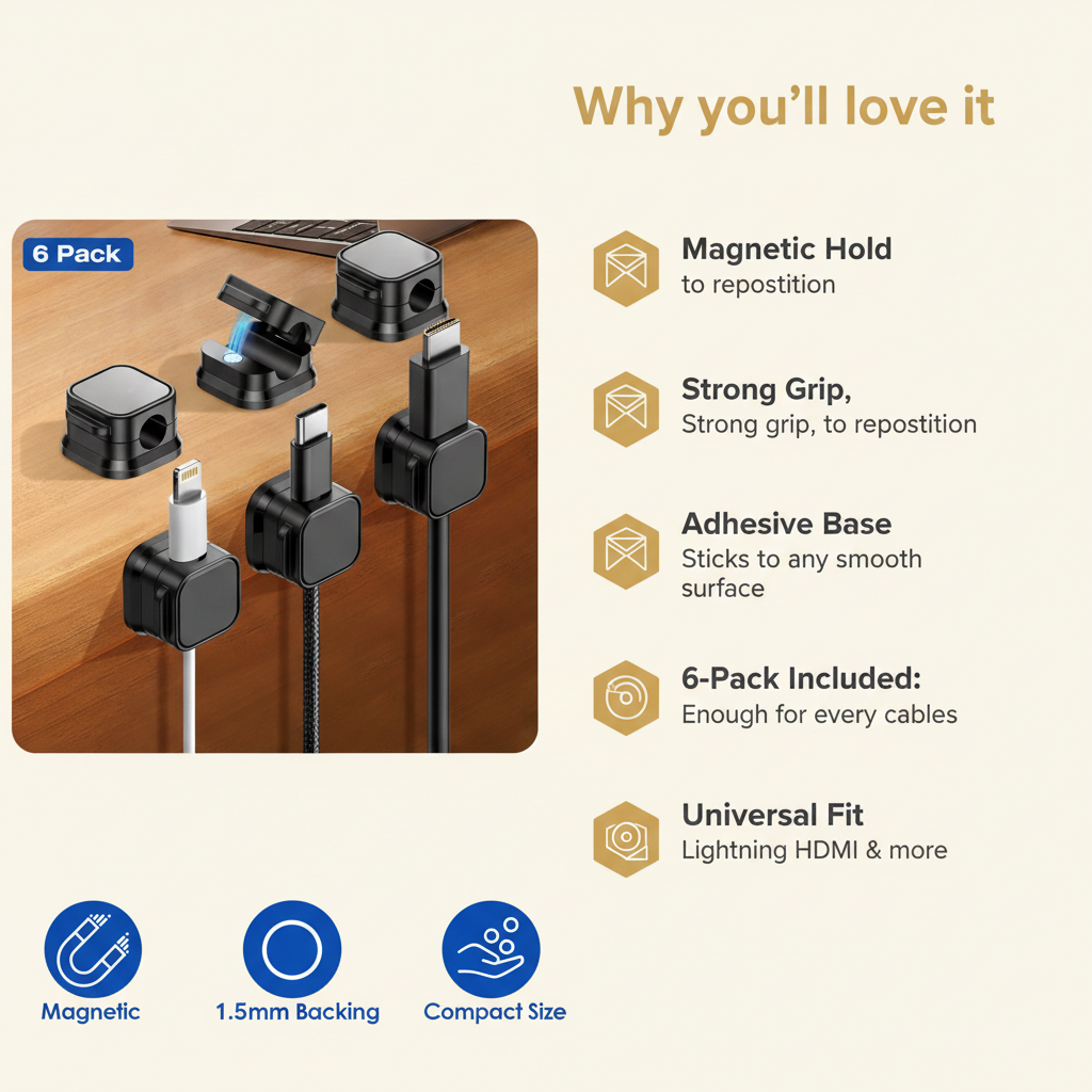Magnetic cable clips -- 6-pack cord organizer - BeeDazzler infographic