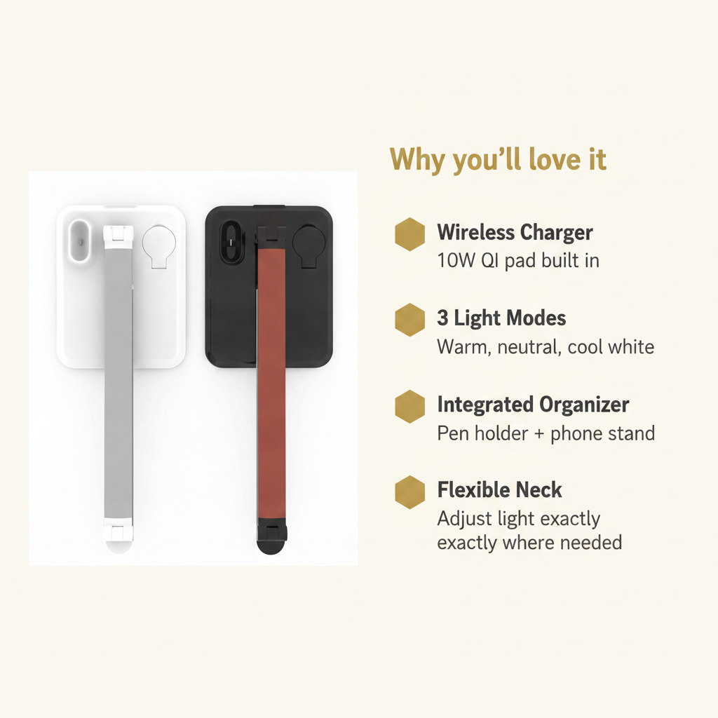 Smart desk lamp -- Wireless charging, 4-in-1 desig - BeeDazzler infographic