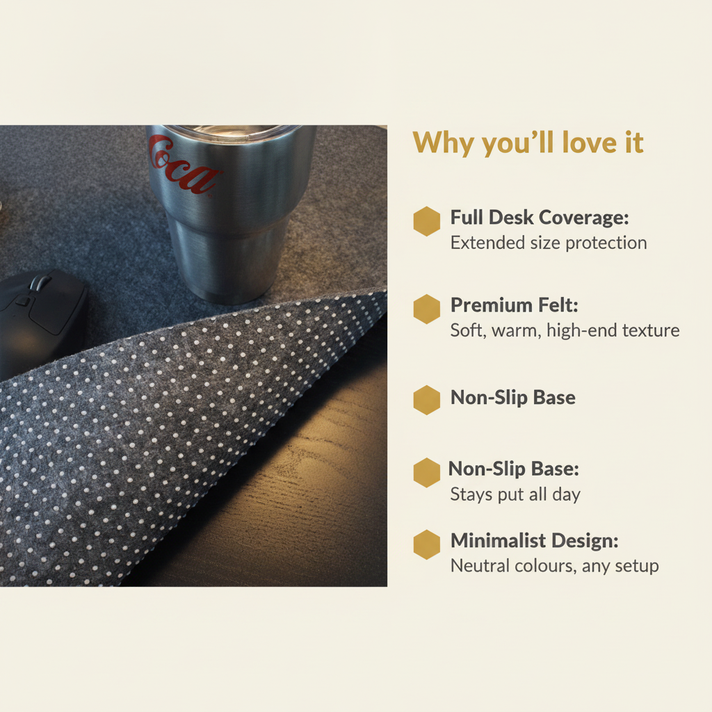 Felt desk pad -- Minimalist, non-slip, extended si - BeeDazzler infographic