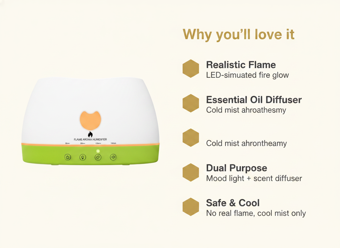Flame effect diffuser -- Ambient glow, essential o - BeeDazzler infographic