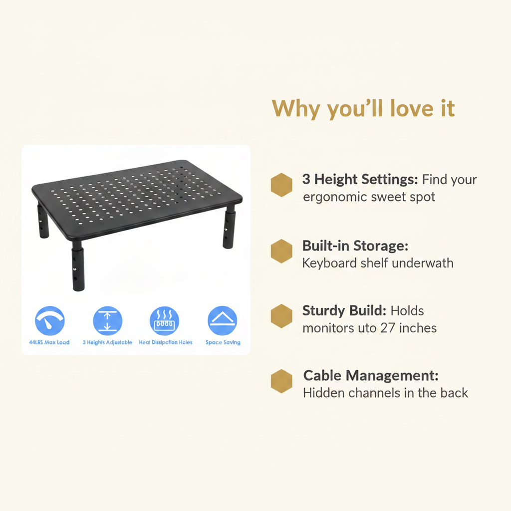 Adjustable monitor riser -- 3-height ergonomic sta - BeeDazzler infographic