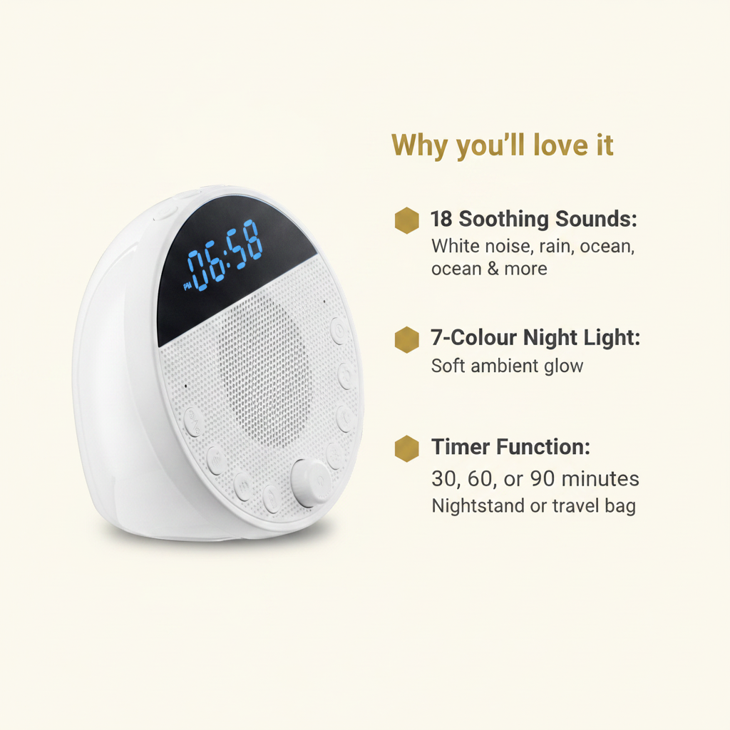 Sleep sound machine -- 18 sounds, 7-colour night l - BeeDazzler infographic