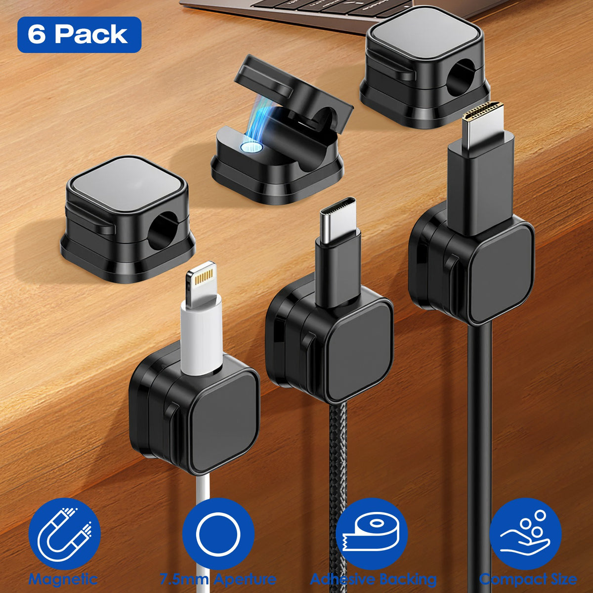 Magnetic cable clips -- 6-pack cord organizer