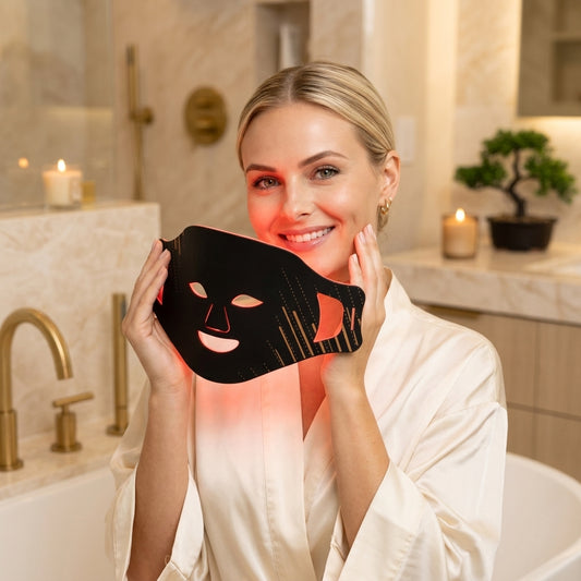 Jenna holding LED red light therapy mask - premium wellness lifestyle