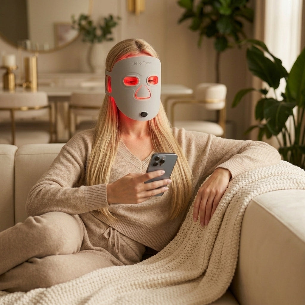 Jenna wearing red light therapy mask while browsing her phone - premium wellness lifestyle