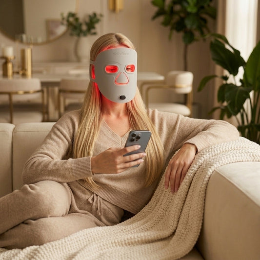 Jenna wearing red light therapy mask while browsing her phone - premium wellness lifestyle