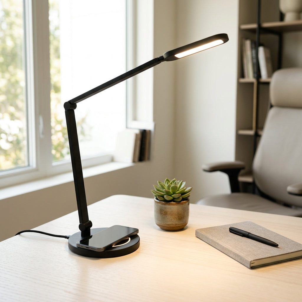 Smart desk lamp in black on a modern cream desk with warm LED lighting and wireless charging base